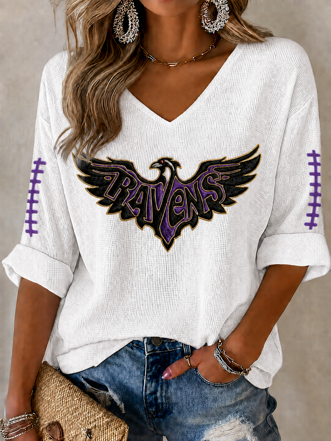 Women'S Football Print Waffle  Top