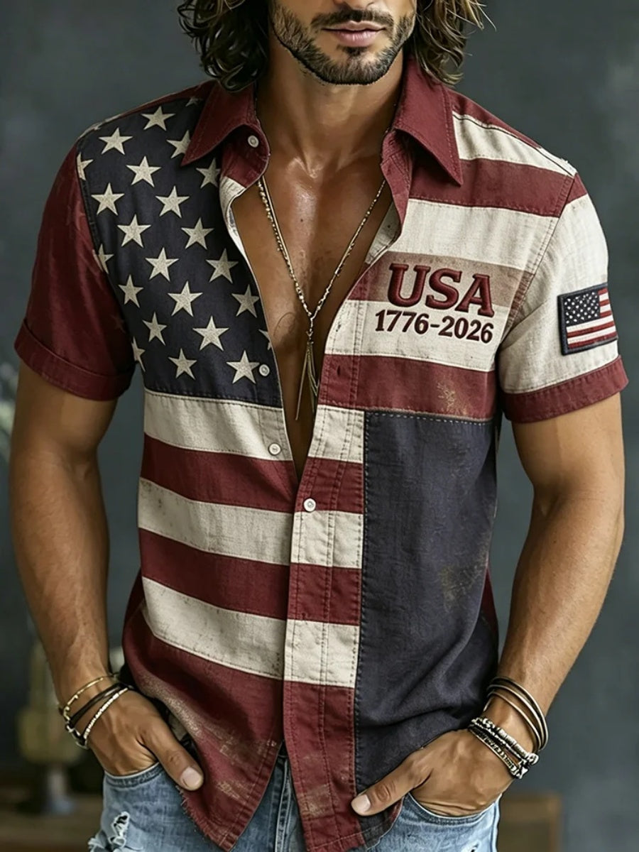 Men's Vintage Flag Art Patchwork Linen Blend Short Sleeve Shirt