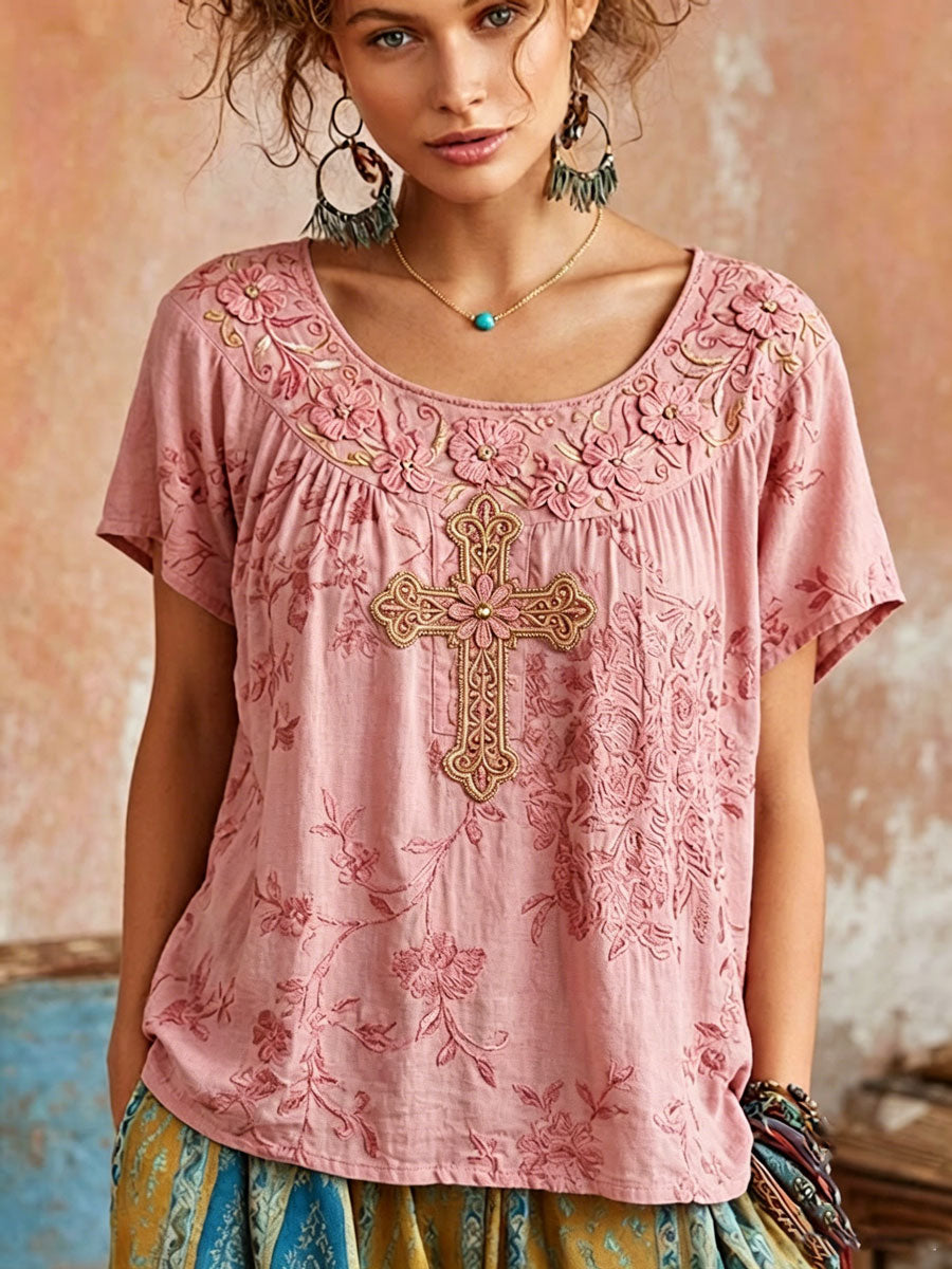 Women's Vintage Cotton-Linen Top with Wing and Cross Motif