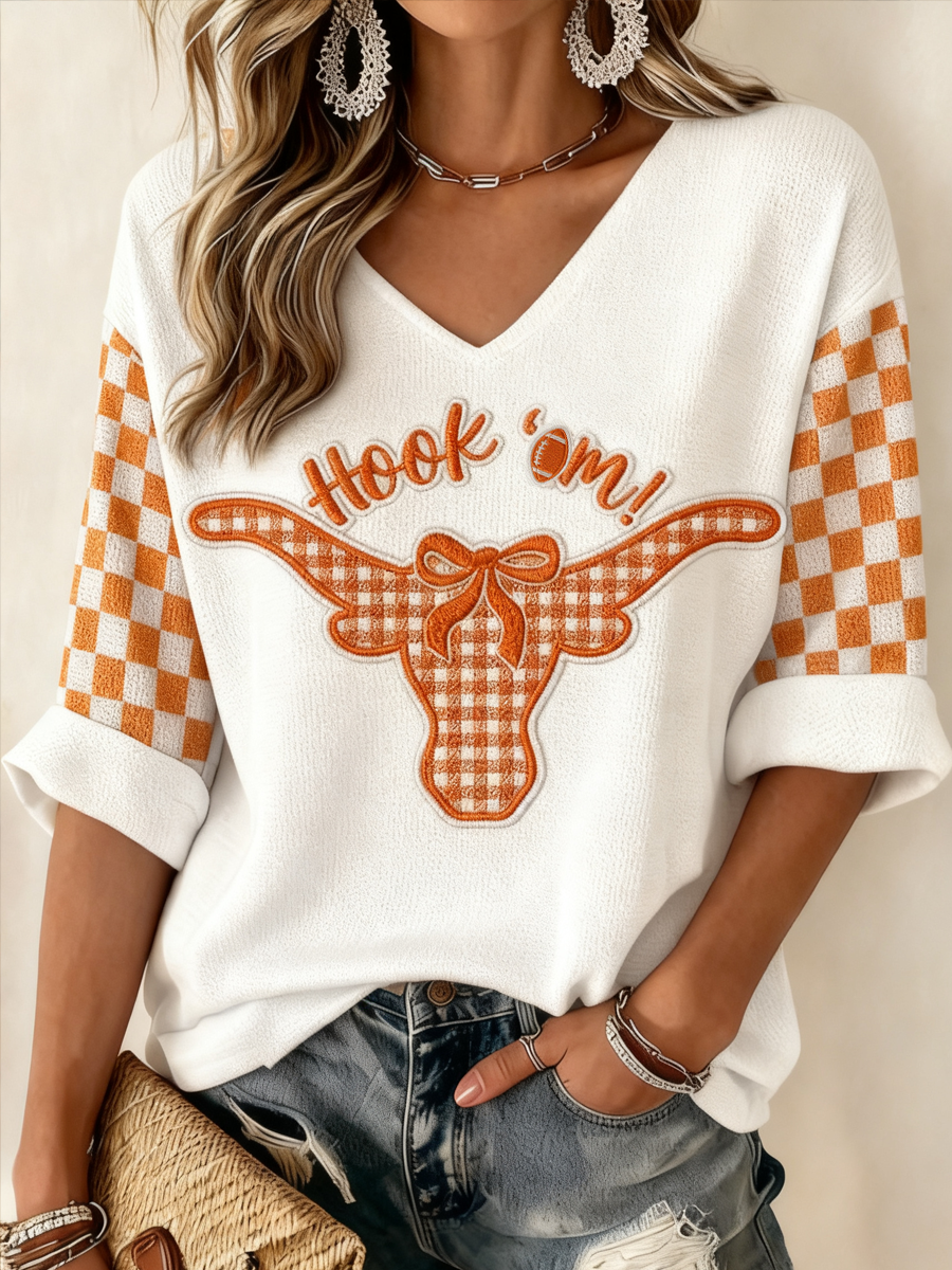 Women's College football Printed Waffle V-Neck Top