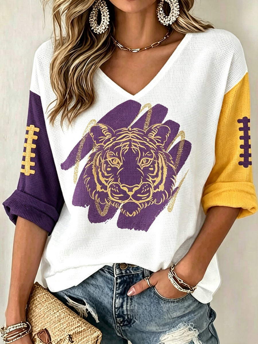 Women's College Rugby Printed Waffle V-Neck Top