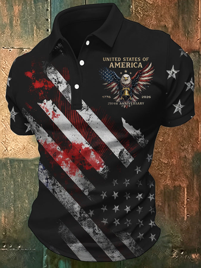 Men'S Retro American Patriots Independence Day 250Th Anniversary Commemorative Lapel Short Sleeved Shirt