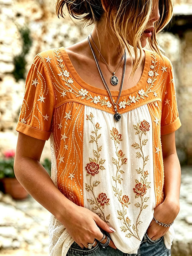 Women'S Pink Floral Printed Cotton And Linen Round Neck Top