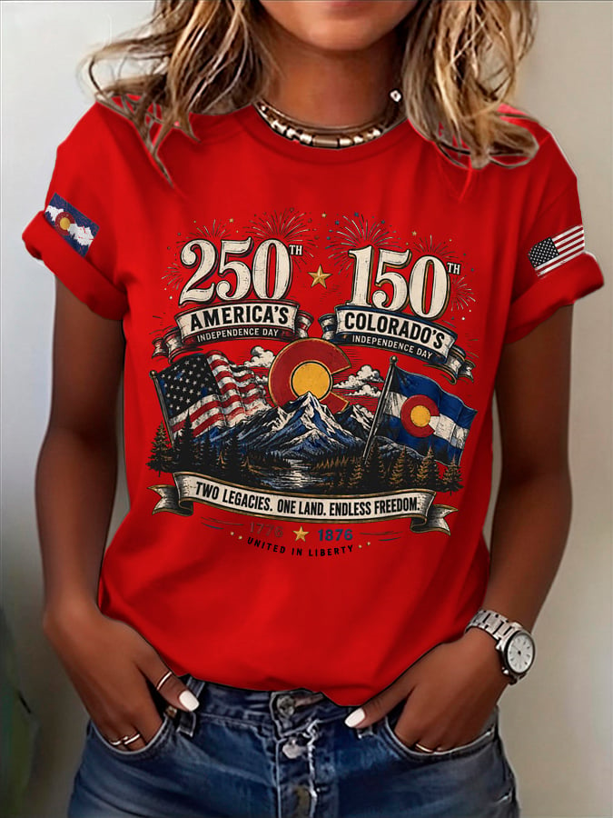 Retro 250Th America'S Independence Day 150Th Colorado'S Independence Day Two Legacies. One Land. Endless Freedom. 1776 1876 United In Liberty Print T-Shirt