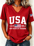 Women's America Flag Floral Print Casual V-Neck T-Shirt