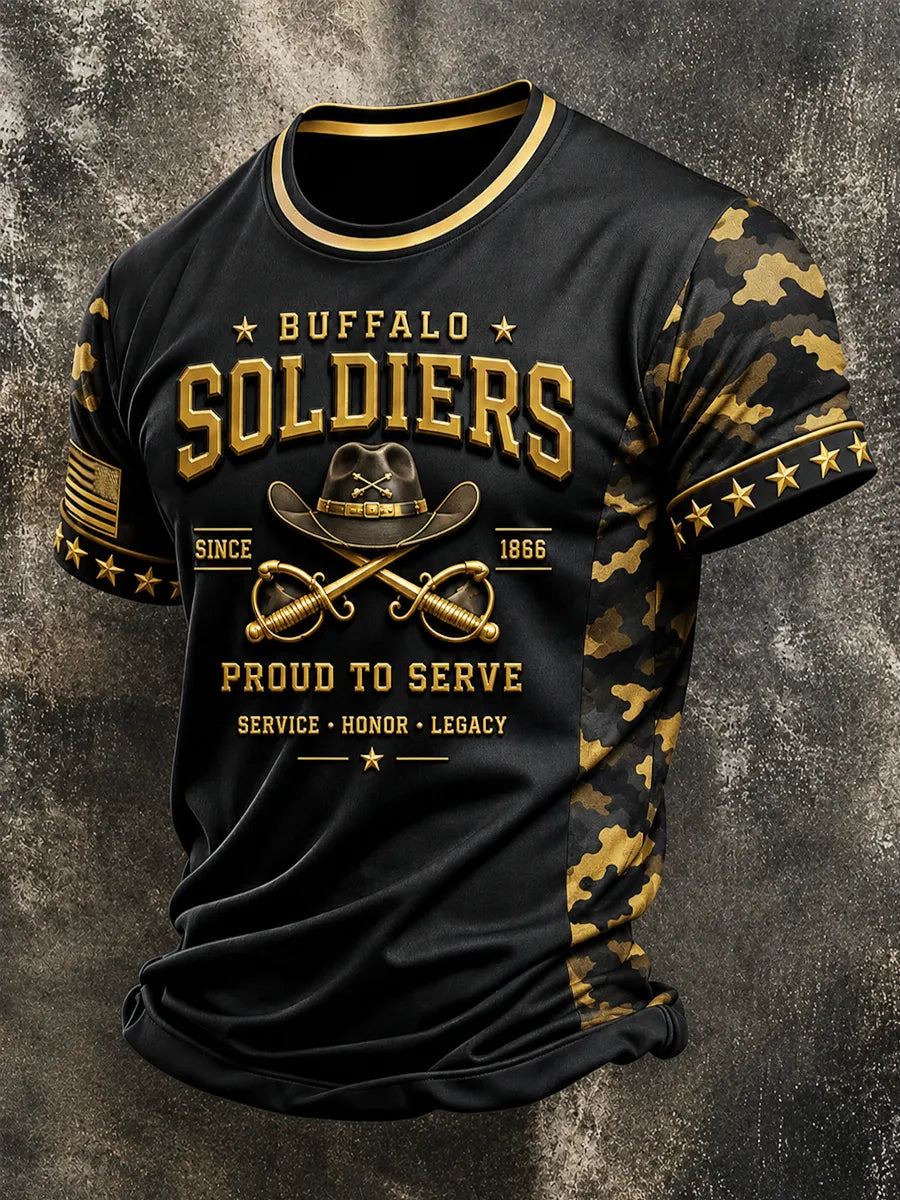 Men's Retro Buffalo Soldier Print Casual T-Shirt