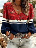 Women's Red White And Blue Floral V-Neck Long Sleeve Top