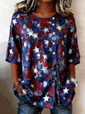 Women's Retro American Flag Art Round Neck Drop Shoulder Tie Button Shirt