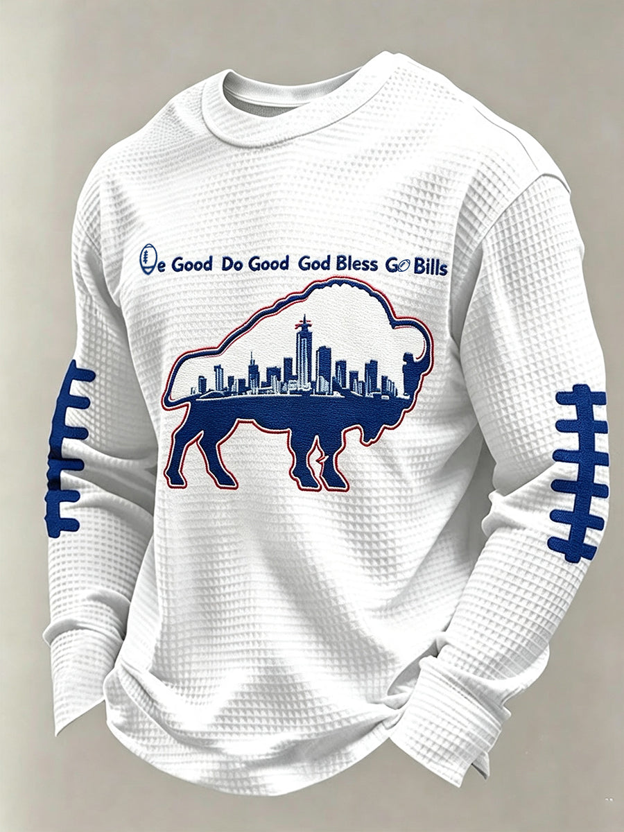Men'S Buffalo Print Football Fans Gameday Casual Waffle Long Sleeve T-Shirt