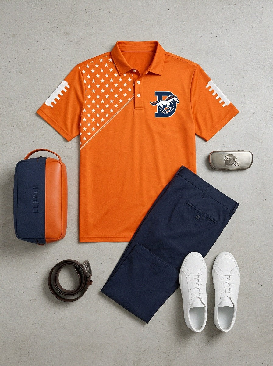 Men's Denver Football Fan Star Pattern Printed Polo Shirt