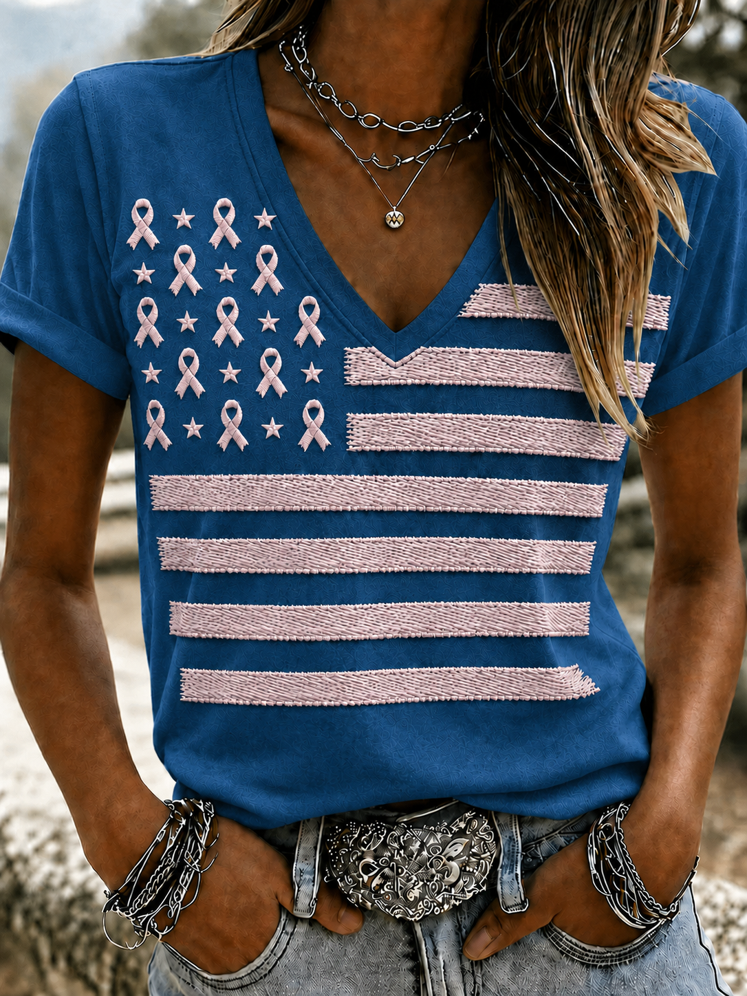 Women'S Flag Breast Cancer Awareness Print Short Sleeve T-Shirt