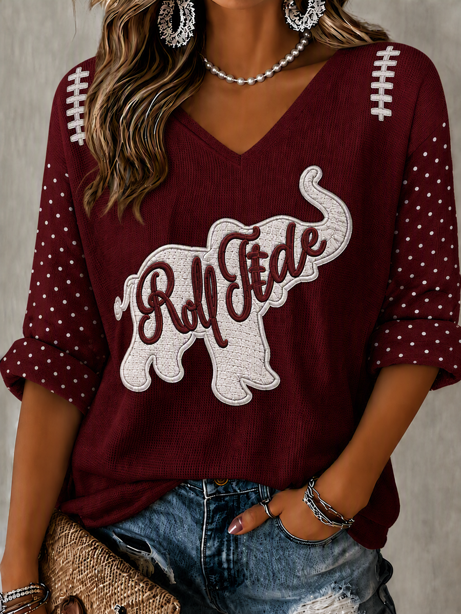 Women'S Rugby Patterned Waffle V-Neck Top