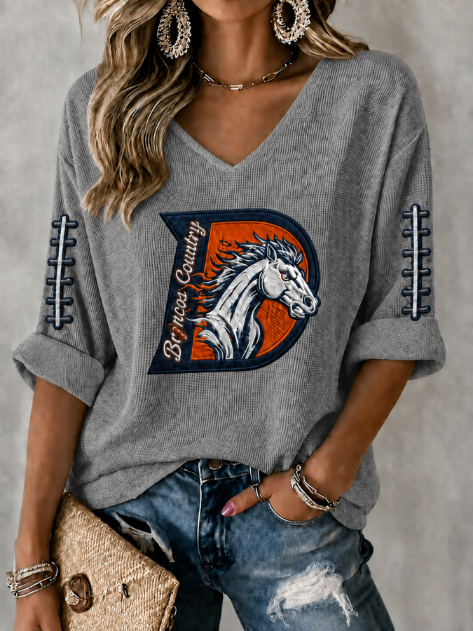 Women'S Rugby Patterned Waffle V-Neck Top