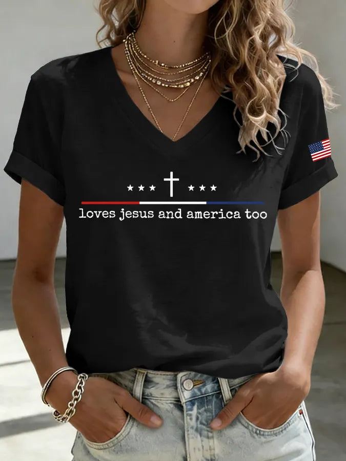 Women'S Loves Jesus and America Too Print Printed T-Shirt