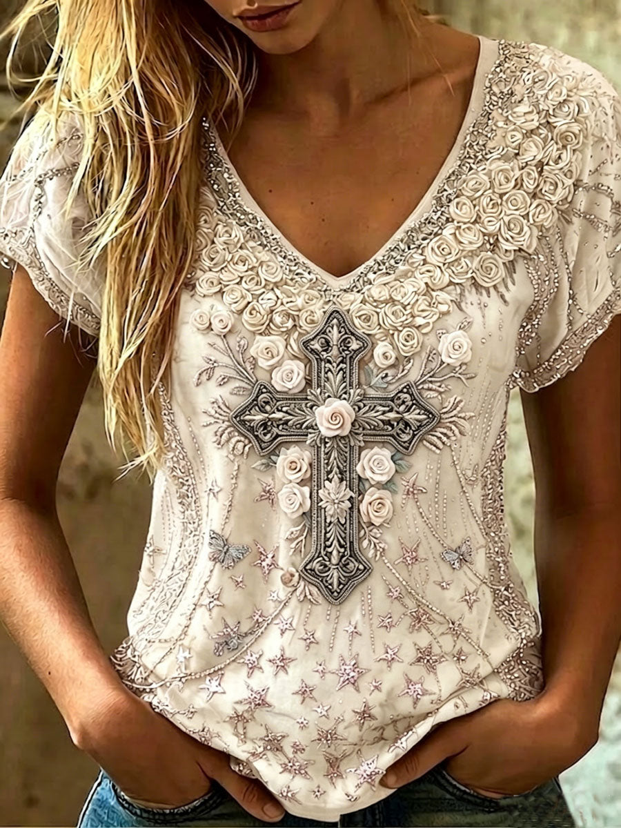 Women's Vintage Cotton-Linen Top with Cross Pattern