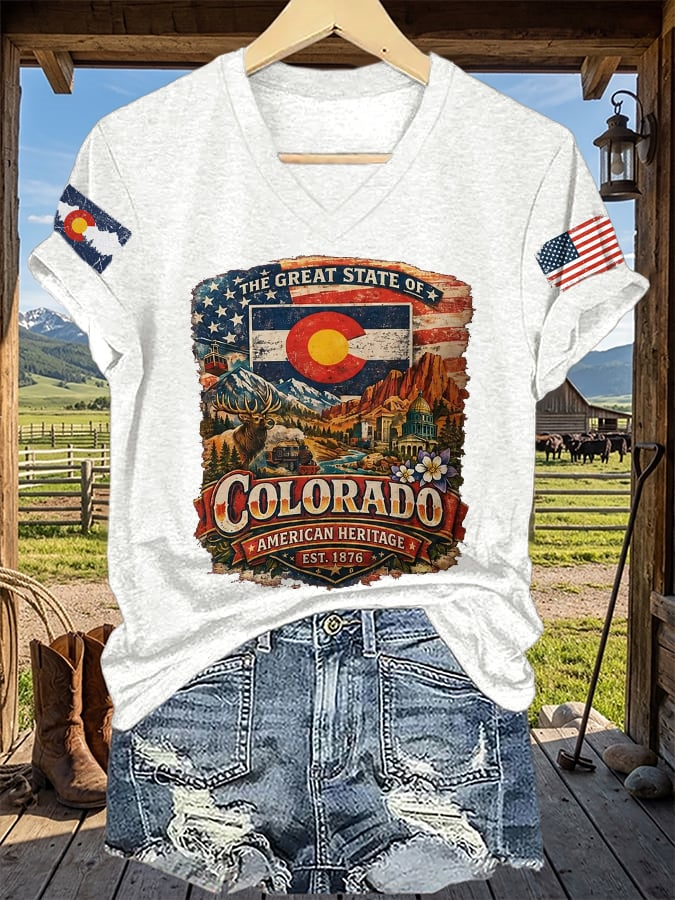 V-Neck Retro The Great State Of Colorado American Heritage Est. 1876 Print T-Shirt