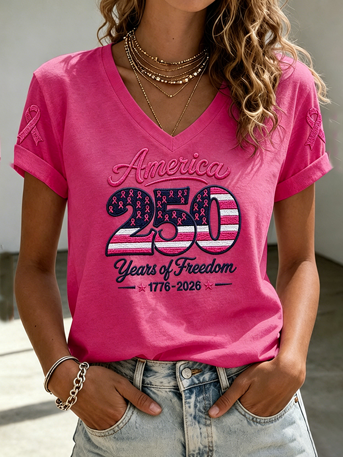 Women's American Flag Pink Ribbon Embroidered Casual T-shirt