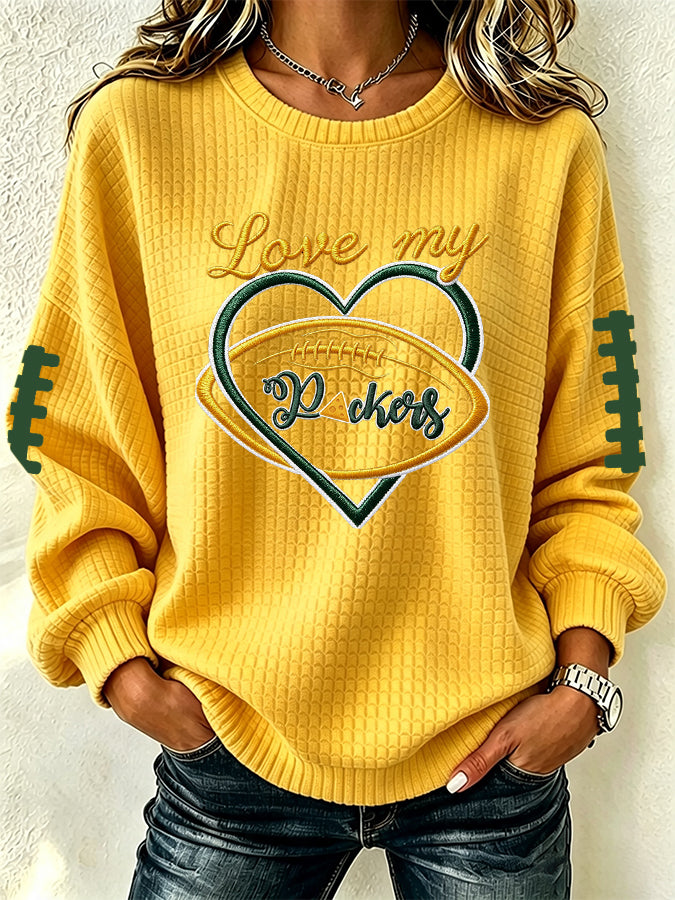 Women'S Football Fan Waffle Long Sleeved Round Neck Sweatshirt