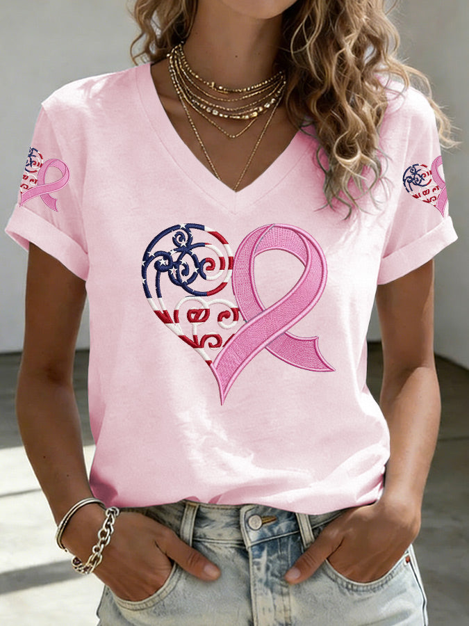 Women's American Flag Pink Ribbon Embroidered Casual T-shirt
