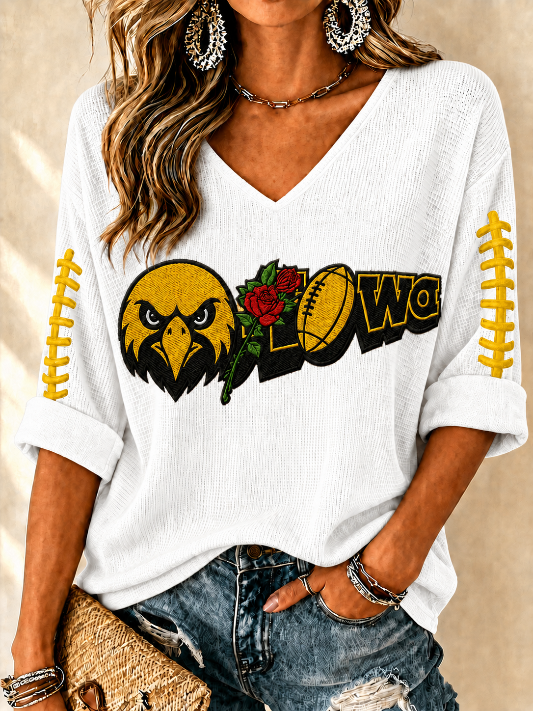 Women'S Football Print Waffle V-Neck Top