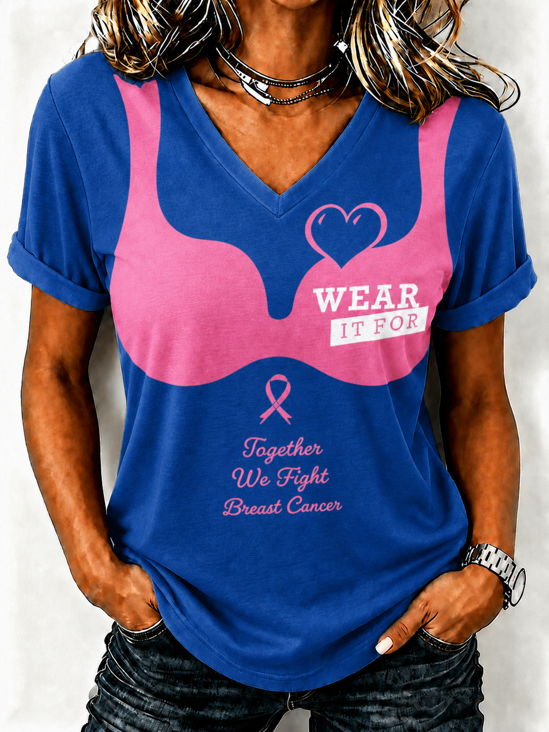 Women'S Breast Cancer Promotional Print Short Sleeved T-Shirt