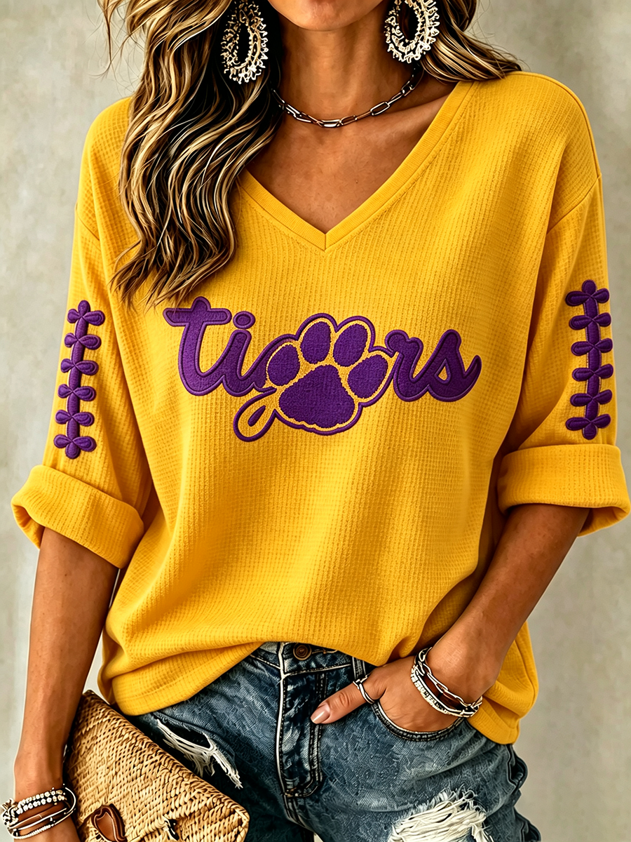 Women'S Rugby Patterned Waffle V-Neck Top