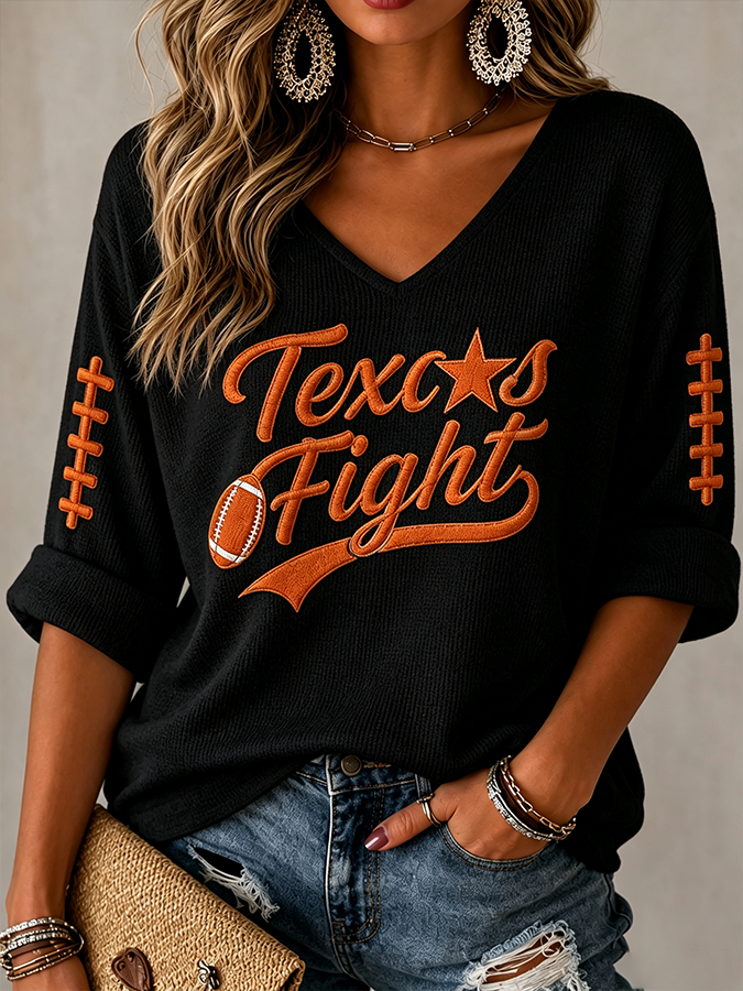 Women'S College Rugby Printed Waffle V-Neck Top