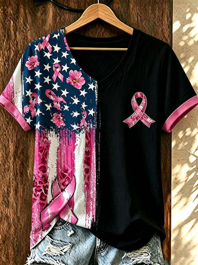 Women'S American Flag Pink Ribbon Embroidered Casual T-Shirt