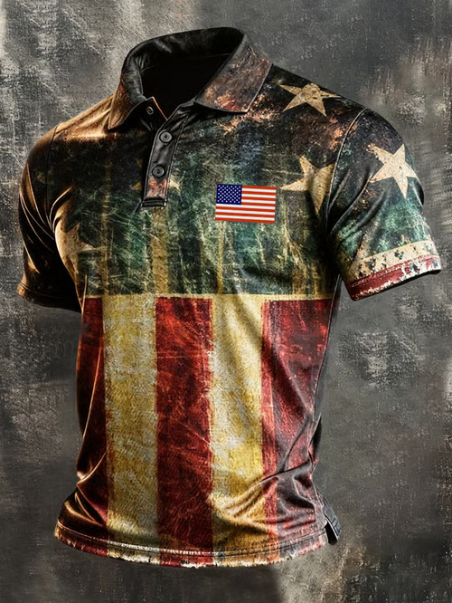Men'S American Flag Print Casual Polo Shirt