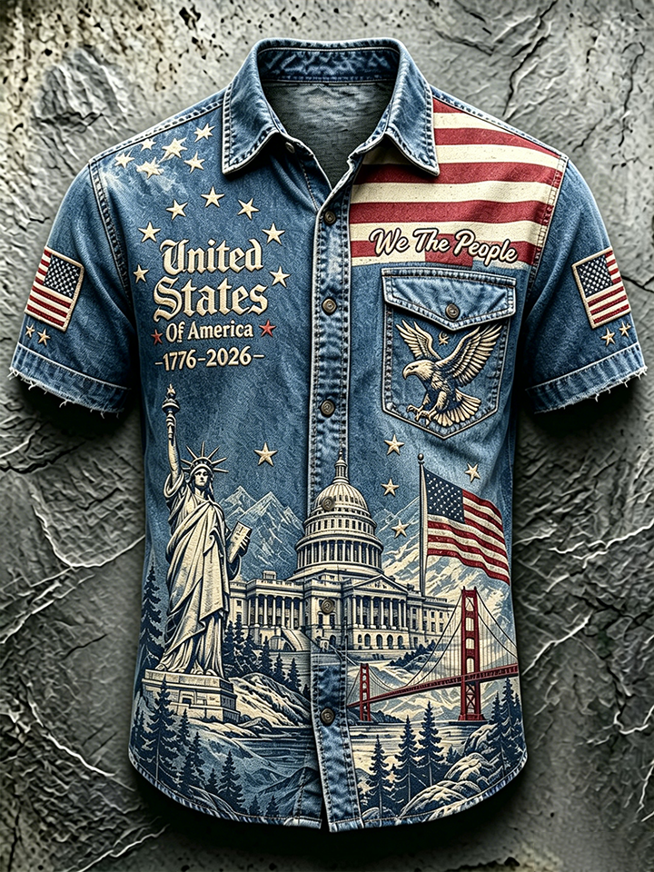 Men'S Casual American 250Th Anniversary Edition Printed Pocket Short Sleeved Shirt