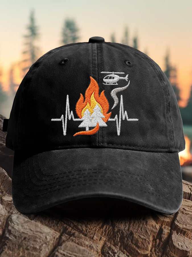 Retro Wildland Firefighter Heartbeat Fireline Flame & Helicopter Print Baseball Cap