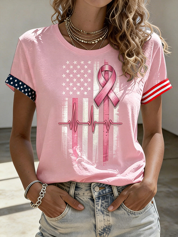 Women'S Breast Cancer Flag Print Casual T-Shirt