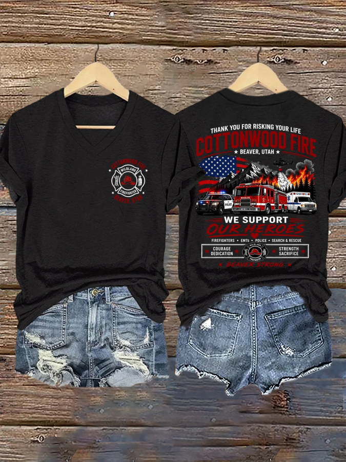 V-Neck Retro Beaver Strong Cottonwood Fire Beaver, Utah We Support Our Heroes Courage • Dedication • Strength • Sacrifice Print T-Shirt