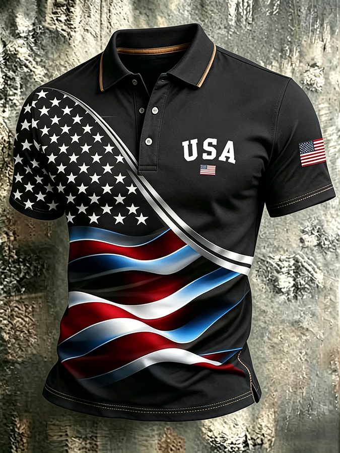 Men'S Casual USA Commemorative Printed Polo Shirt