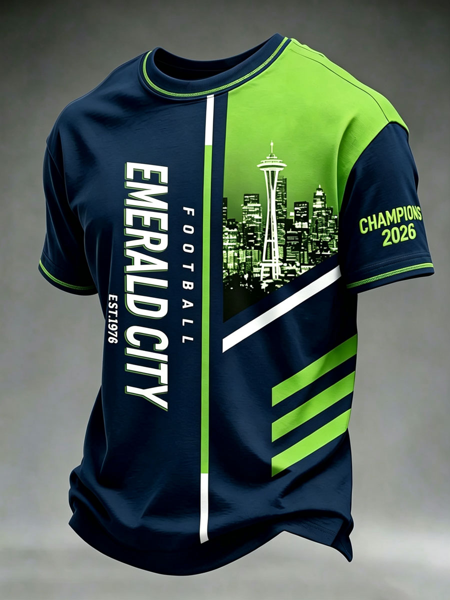 Men's Rugby Seattle Printed Vintage Fashion Loose Short Sleeve T-Shirt