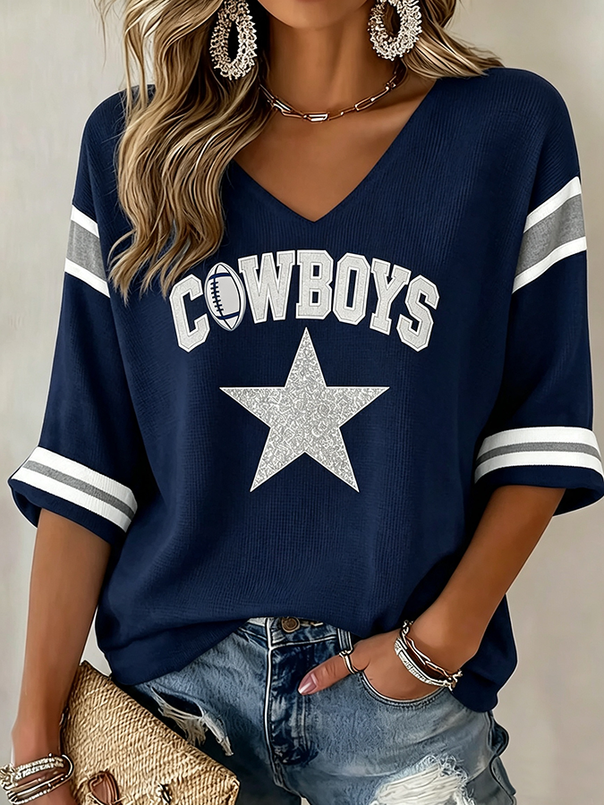 Women'S Rugby Patterned Waffle V-Neck Top