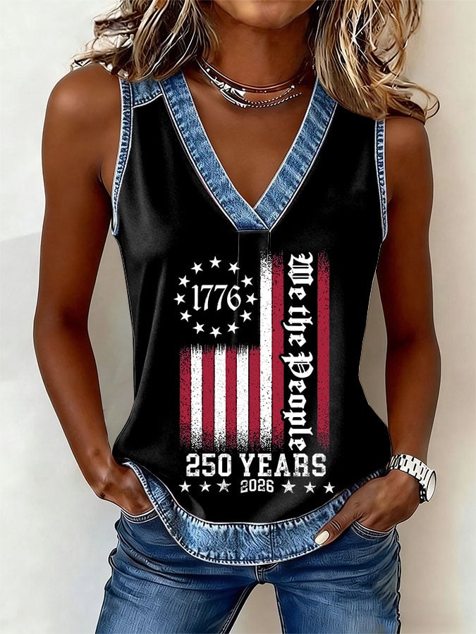 Women's Printed Denim Patchwork Print Top