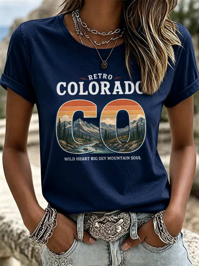 Women'S Casual COLORADO STRONG Mountain Fire Printed Round Neck Casual Short Sleeved T-Shirt