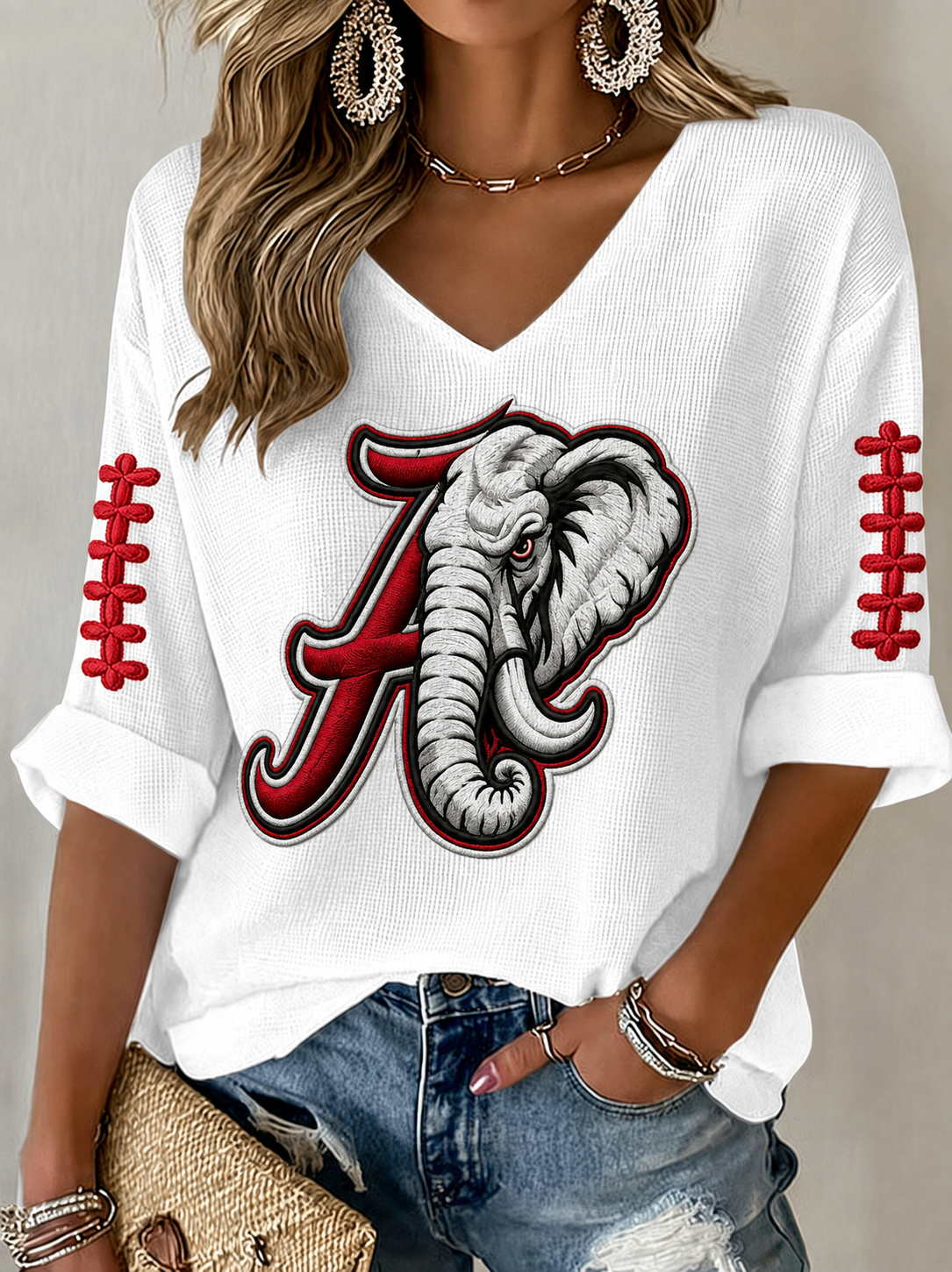 Women'S Football Printed  Waffle V-Neck Top