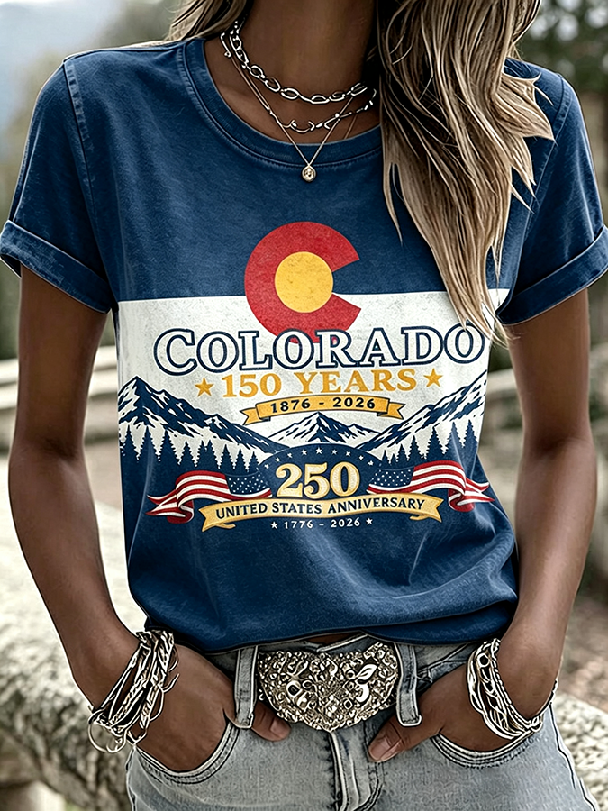 Women'S Casual COLORADO STRONG Mountain Fire Printed Round Neck Casual Short Sleeved T-Shirt
