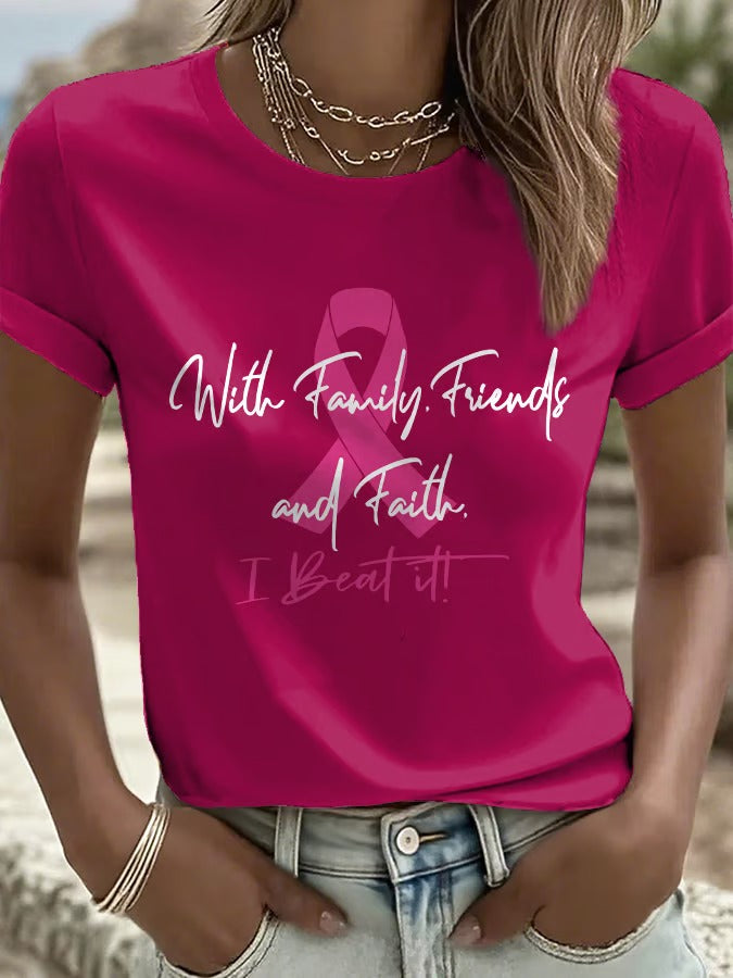 Women'S Casual Short-Sleeve Crew-Neck T-Shirt With Breast Cancer Awareness Print