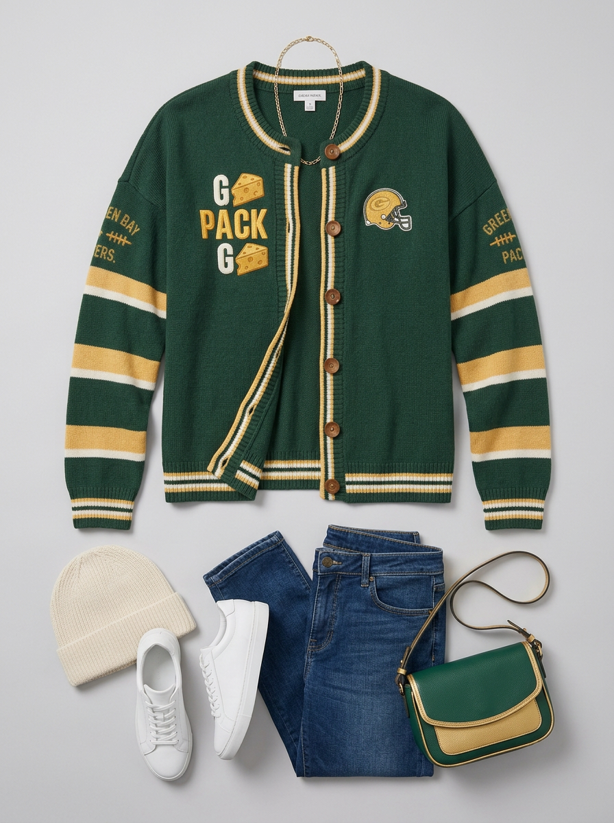 Women's Green Bay Packers Cheesehead Helmet Printed Cardigan