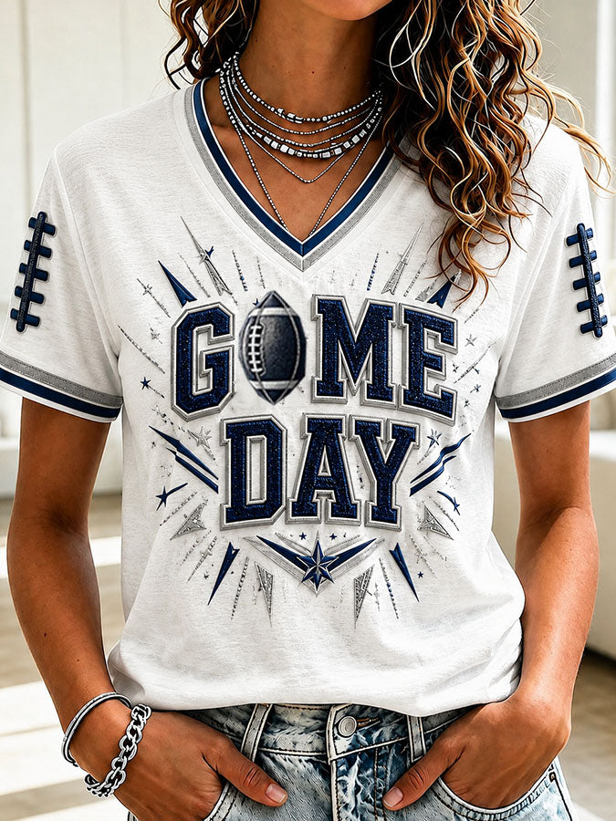 Women's Football GAME DAY Printed V-neck T-shirt