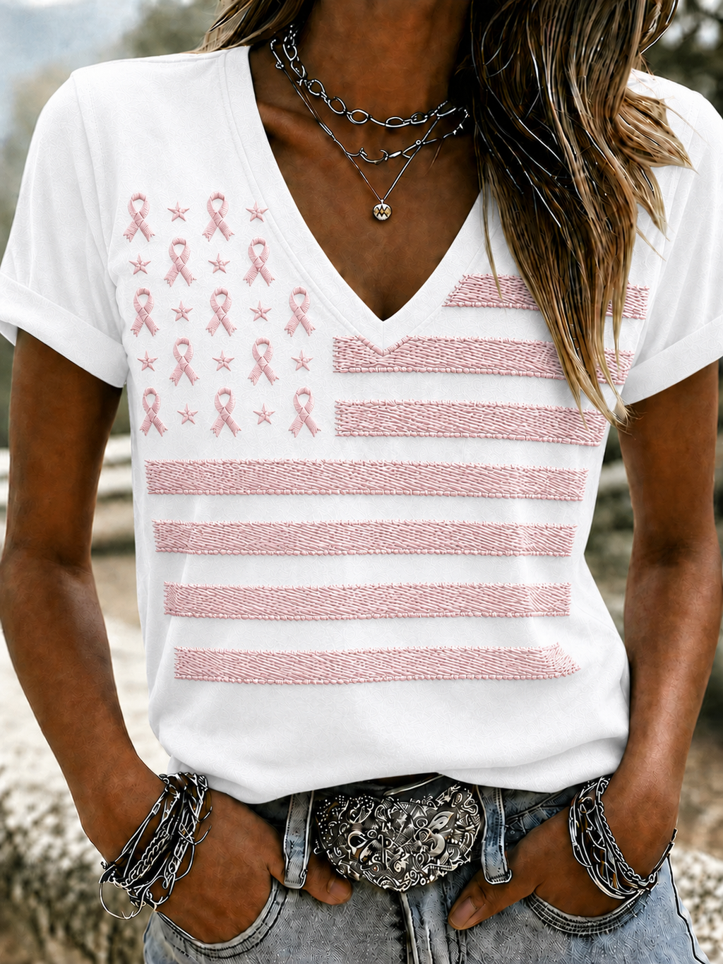 Women'S Flag Breast Cancer Awareness Print Short Sleeve T-Shirt