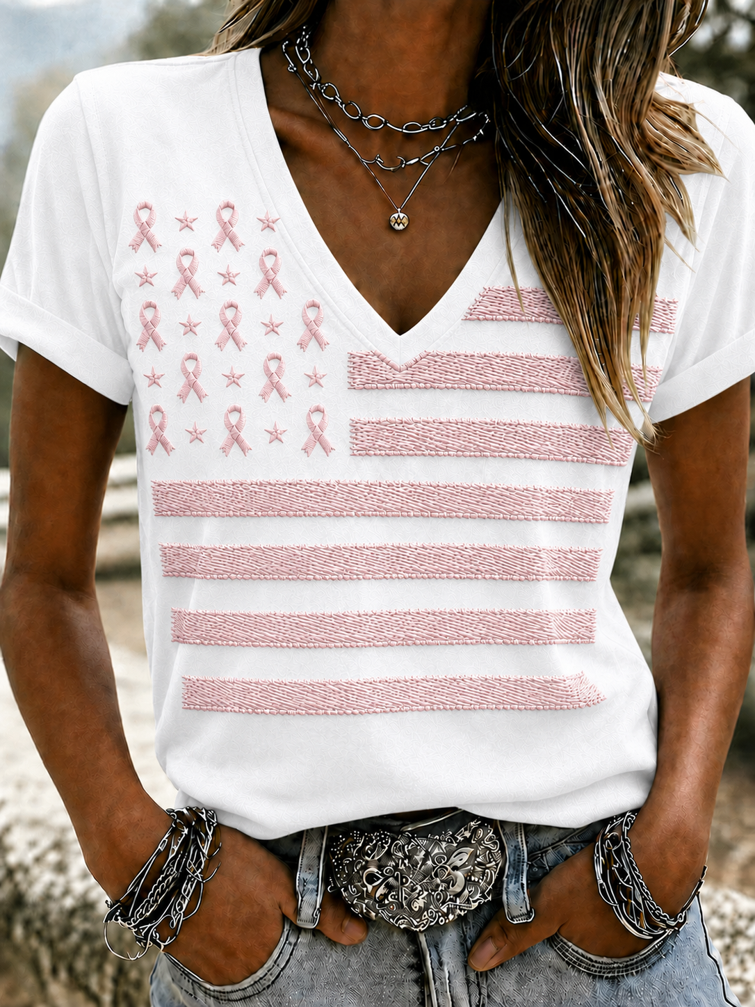 Women'S Flag Breast Cancer Awareness Print Short Sleeve T-Shirt