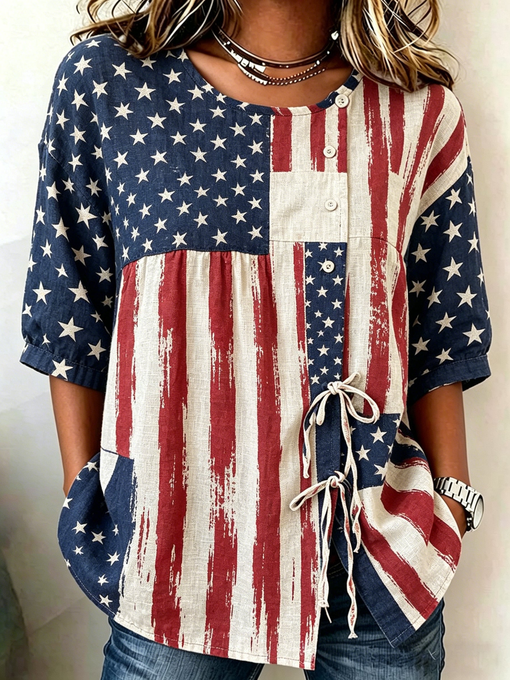 Women's Retro American Flag Print Short-Sleeve Casual Shirt