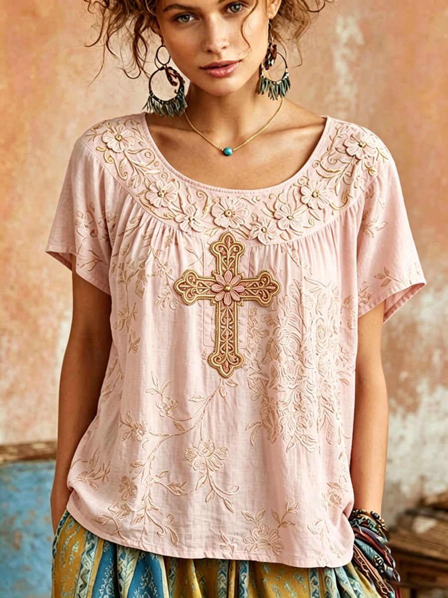 Women's Vintage Cotton-Linen Top with Wing and Cross Motif