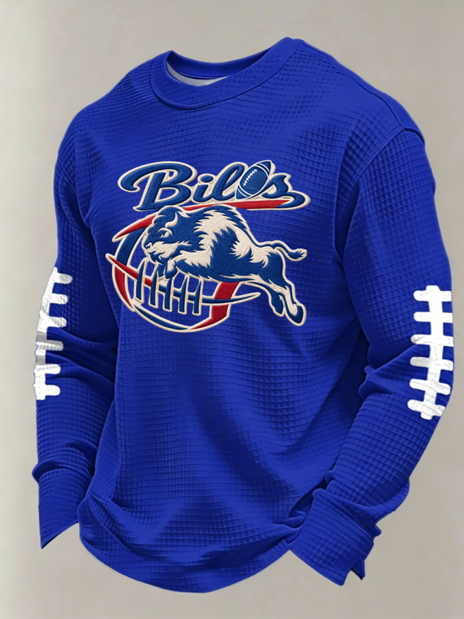 Men'S Buffalo Print Football Fans Gameday Casual Waffle Long Sleeve T-Shirt