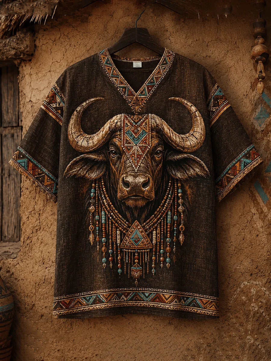 Men's Cotton-Linen V-Neck T-Shirt with African Buffalo Graphic
