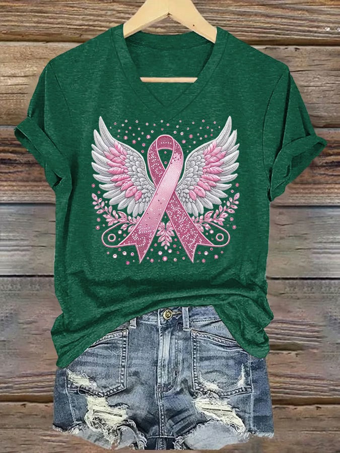 Women'S Casual Pink Ribbon Wings T-Shirt